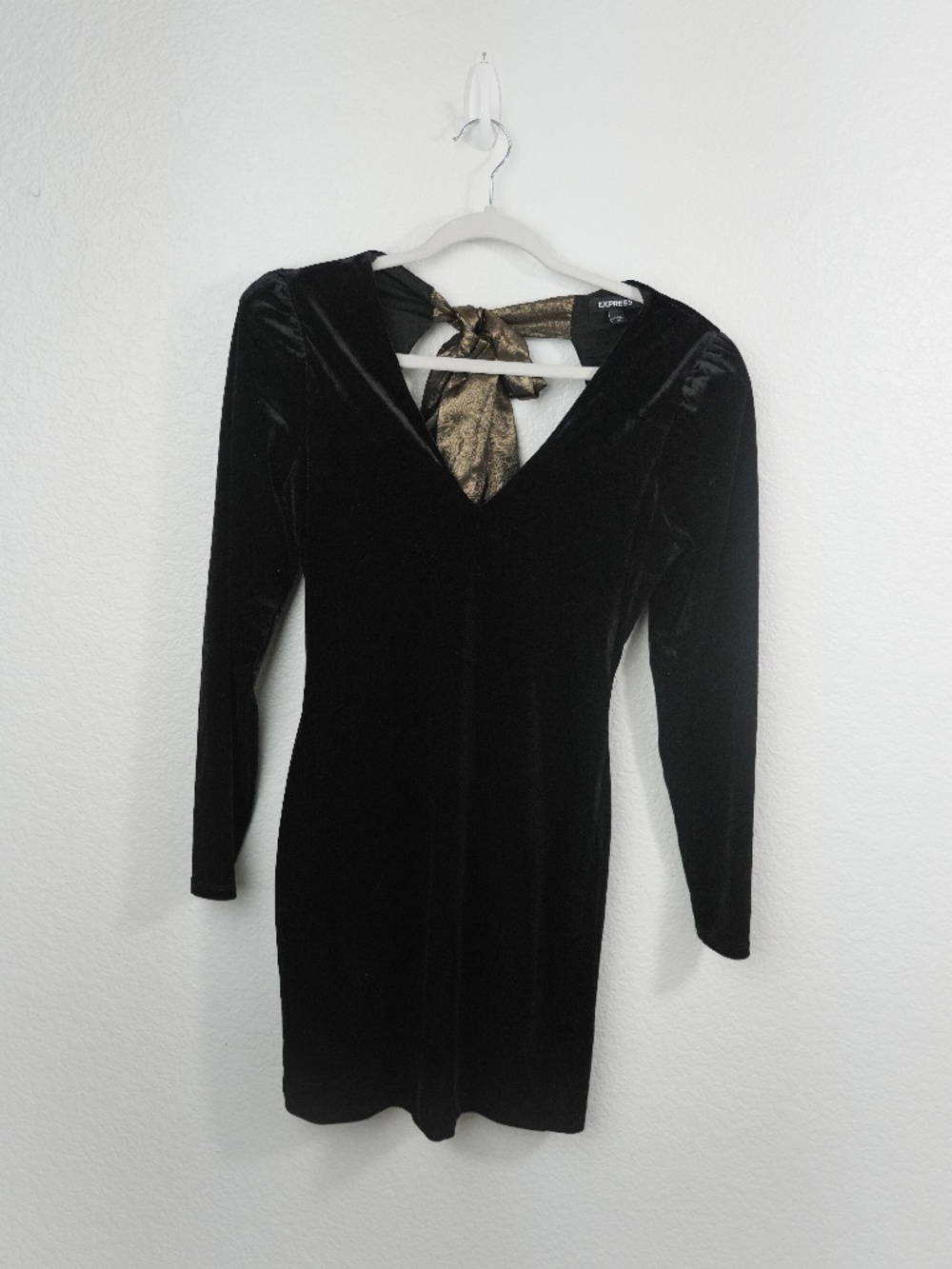 Express Black Velvet Mini Dress Size XS Gold Bow Open Back Long Sleeve Holiday
